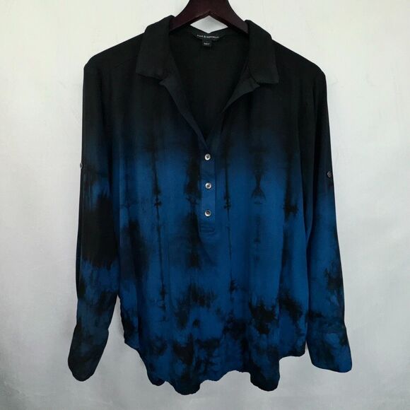 Tie-Dye Tops - Rock & Republic Ladies Shirt Sz S Black Blue Tie-Dye 1/2 Button Roll-Tab Sleeve